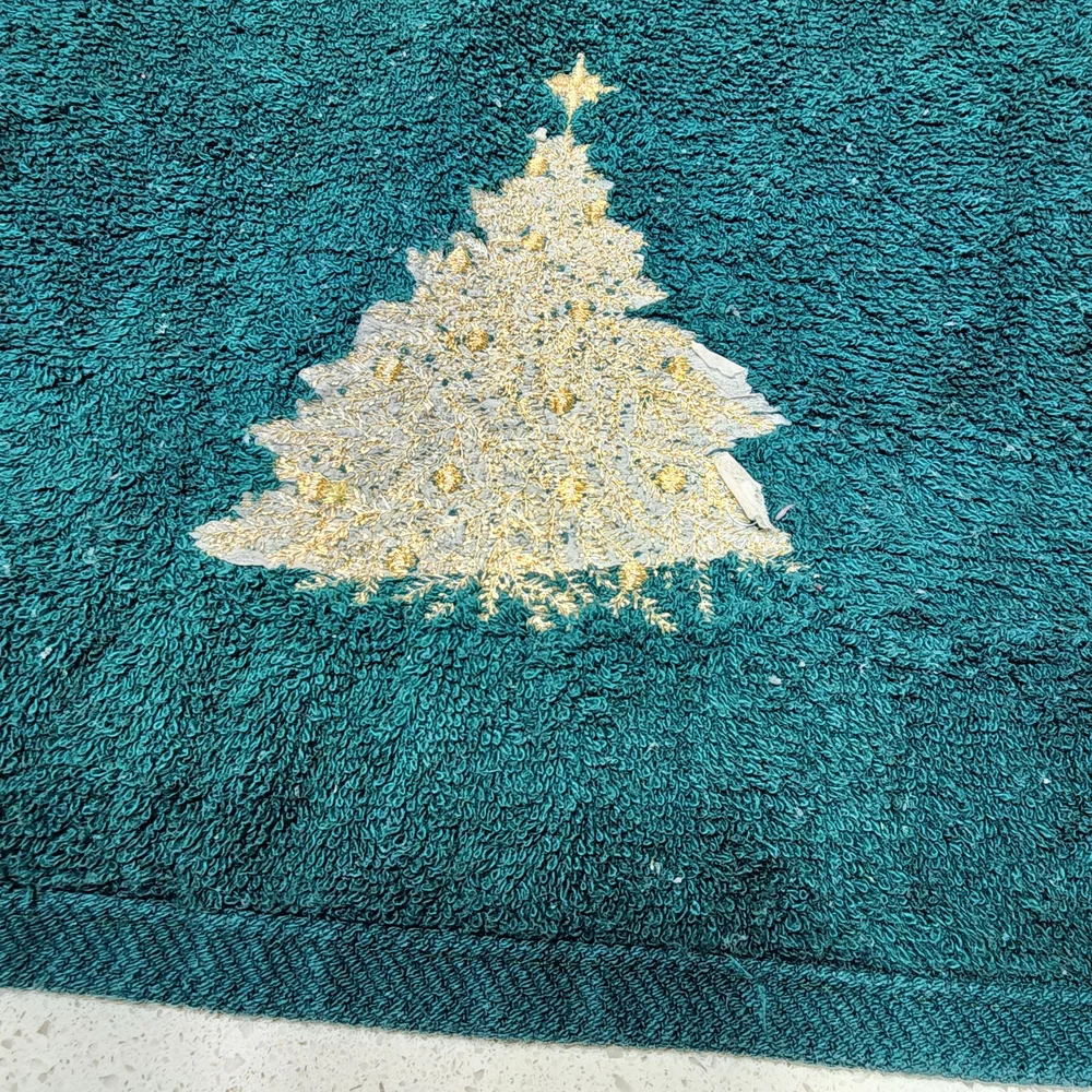 Vintage Green Christmas Tree Towel. Embroidered With Gold Thread